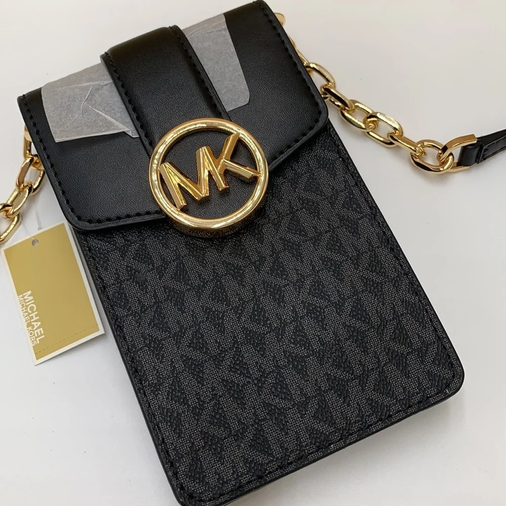 NWT MICHAEL KORS CARMEN SMALL NORTH SOUTH PHONE XBODY BLACK SIGNATURE MULTI COLO